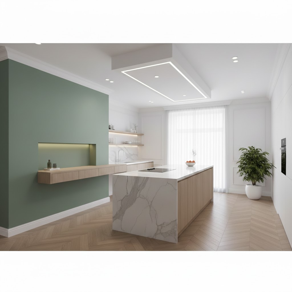 Rénovation cuisine moderne peinture mur vert sauge à Chalon-sur-Saône – Batimm-Renov